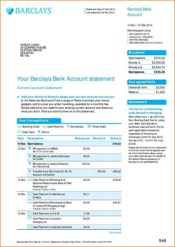 Baclays bank statement