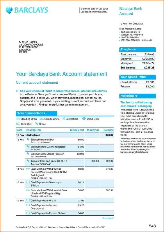 Baclays bank statement
